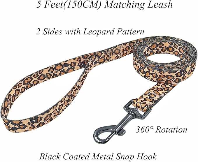 Dog Collar Leash Set, Leopard Pattern, Polyester Material, Adjustable Collar and 5ft Matching Leash, for Medium Dogs.(M, Brown Leopard)