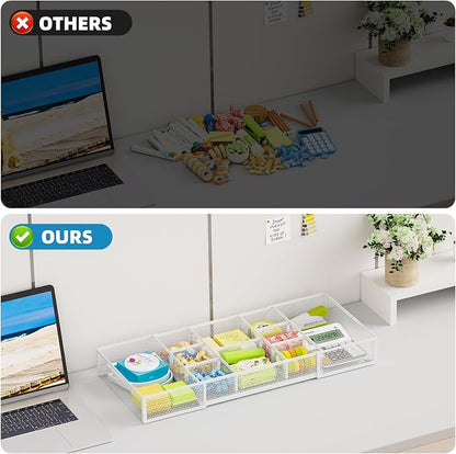 Marbrasse Expandable Desk Drawer Organizer, Mesh Drawer Organizer Tray with 10 Adjustable Compartments, Desk Organizers and Accessories for Office Supplies (Longer Expandable Drawer Organizer-W)