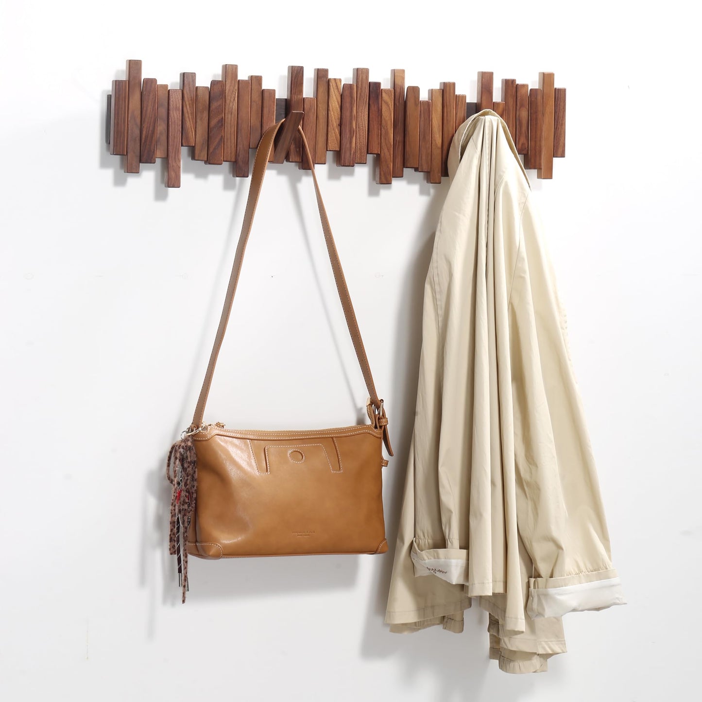 Acsigesn Wooden Coat Rack Wall Mounted Sticks Multi Rack Solid Handmade Natural Walnut Wood Artwork with 5 Flip-Down Unique Modern Hooks for Coats Bag Hat Umbrella