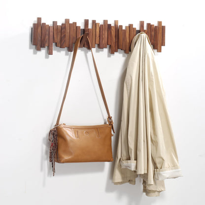 Acsigesn Wooden Coat Rack Wall Mounted Sticks Multi Rack Solid Handmade Natural Walnut Wood Artwork with 5 Flip-Down Unique Modern Hooks for Coats Bag Hat Umbrella