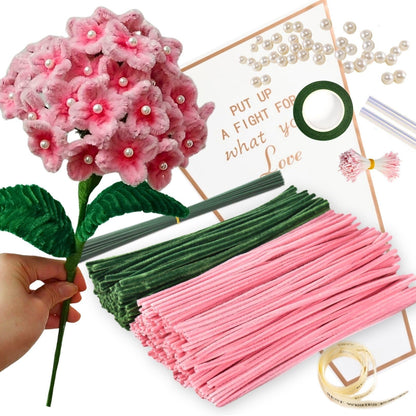 Dark Pink Pipe Cleaner Kit with 150 Pcs Pipe Cleaners Colourful in 2 Colours（Dark Pink,Green,8 Pcs Green Floral Wire,40 Pearls,40 Stamen,Floral Tape,Flower Wrapping Paper and Ribbon