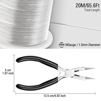 Modacraft 18 Gauge Silver Jewelry Wire & 4-in-1 Pliers Kit - 65FT Anti-Tarnish Craft Wire (1mm) for Wire Wrapping, DIY Jewelry, Christmas Ornaments & Holiday Decor