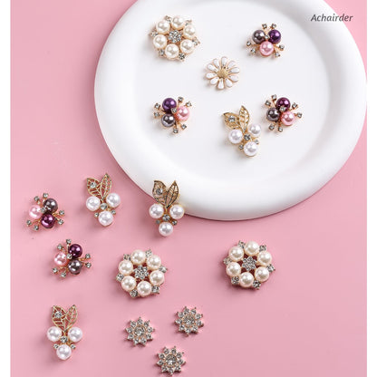 50PCS Rhinestone Buttons Faux Pearl Embellishments Buttons,Flat Back Flower Rhinestone Charms for Jewelry Making DIY Wedding Bouquet, Decor Clothes Bag Shoes Craft Accessory