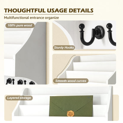 Rebee Vision Pine Wood Key Holder Wall Mount - Rustic Mail Holder for Wall with Key Hooks & 3-Tire Letter Slots - Multifunctional Key Holder on Wall for Entryway Storage (White)