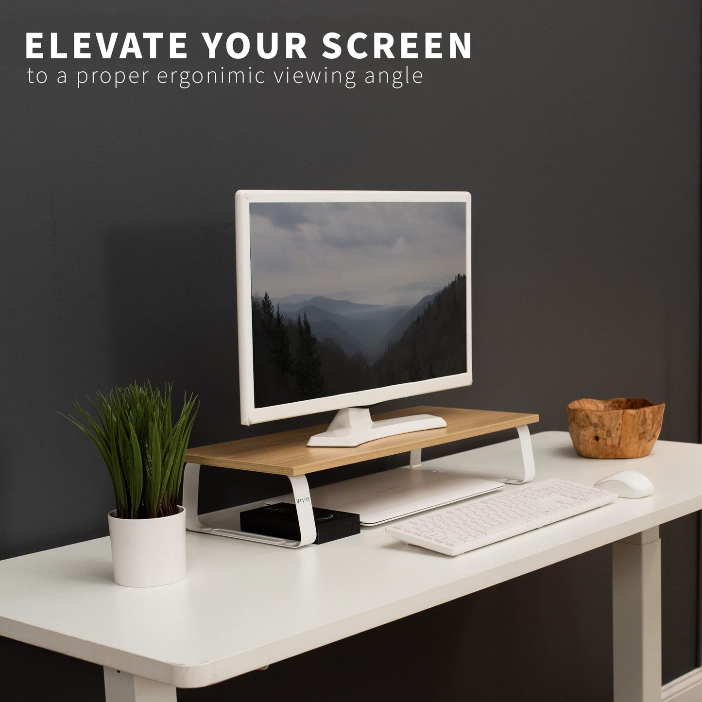 VIVO 24 inch Monitor Stand, Wood and Steel Desktop Riser, Screen, Keyboard, Laptop, Small TV, Ergonomic Desk and Tabletop Organizer, Light Wood, STAND-V000WM
