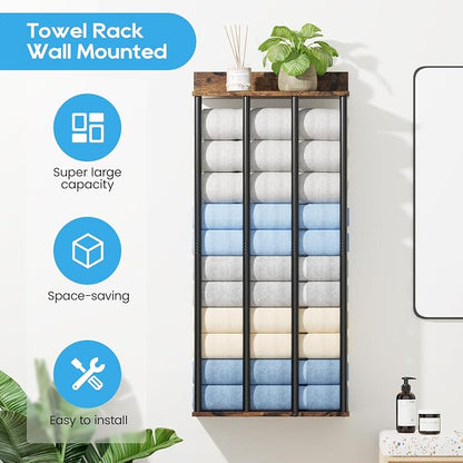 Towel Racks for Bathroom Wall Mounted, Updated 4 Bar Wall Towel Holder | Large Bathroom Towel Storage Rack for Rolled Towels, Vintage Metal Towel Organizer Shelf with Wooden Storage Shelf
