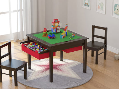 UTEX Wooden 2 in 1 Kids Construction Play Table and 2 Chairs Set with Storage Drawers, and Built in Plate Compatible with Lego and Duplo Bricks(Espresso with Red Drawers)