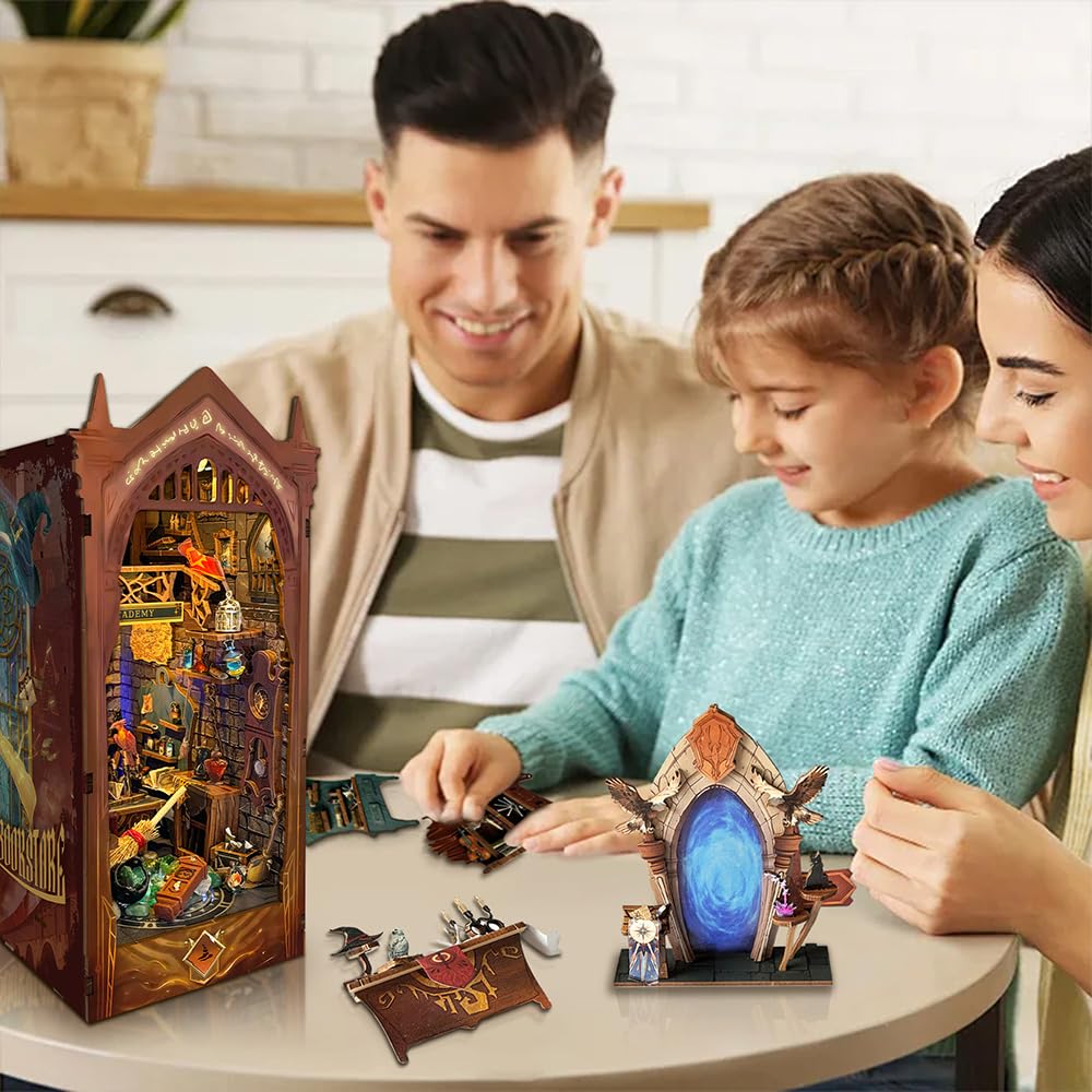 Magic Book Nook Kit with Remote Wand, 3D Wooden Puzzle, Dollhouse Miniature Booknook Kit Creative Bookend Bookshelf Decor for Adults Teens - Magic Academy(SQ-38)