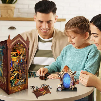 Magic Book Nook Kit with Remote Wand, 3D Wooden Puzzle, Dollhouse Miniature Booknook Kit Creative Bookend Bookshelf Decor for Adults Teens - Magic Academy(SQ-38)