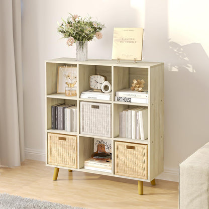 ELYUP 9-Cube Open Shelf Bookcase - 3-Tier Wooden Floor-Standing Bookshelf with Legs and Backpanel, Ideal for 11-inch Fabric Storage Bins and Miscellaneous Organizer, Oak