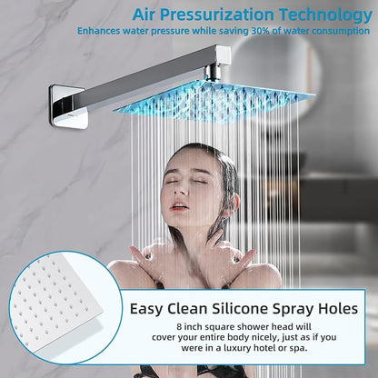 Chrome Shower Faucet Set with Tub Spout 8 Inch, Shower Head and Handle Set with 2 Hooks, Tub and Shower Faucet Combo, Rain Shower and Handheld Shower System Square Wall Mount for Bathroom