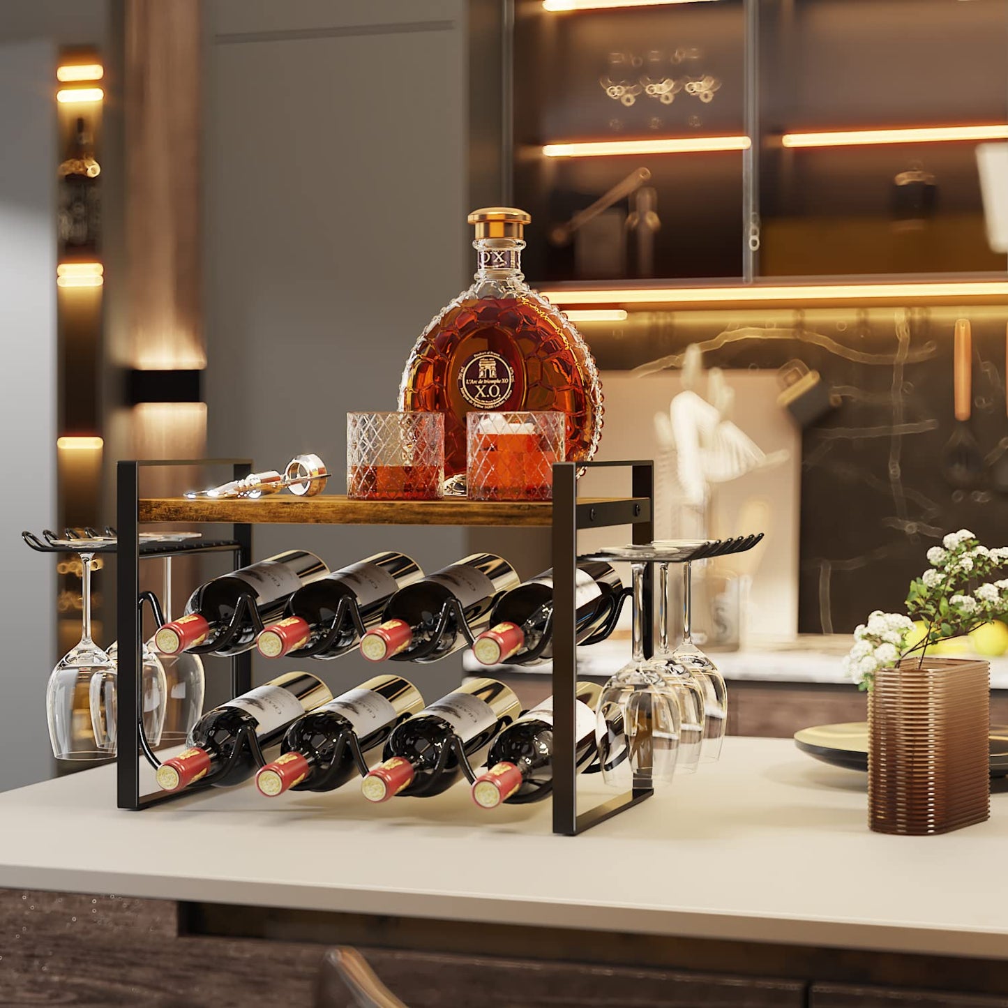 JAFUSI Wine Rack for Countertop, Metal Tabletop Wine Holder, Natural Wood 8 Wine Bottles Storage Shelf Stand with Wood Tray 6 Glasses Hooks