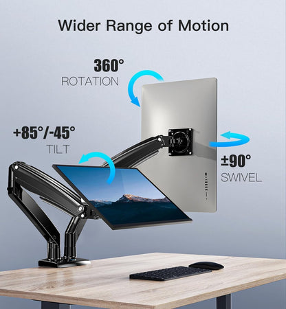 HUANUO 13 to 40 Inch Dual Monitor Arm for 2 Ultrawide Screens, Height Adjustable Full Motion Stand with 2 USB Port, VESA 75/100mm Mount, Holds up to 26.4lbs per Arm, Black