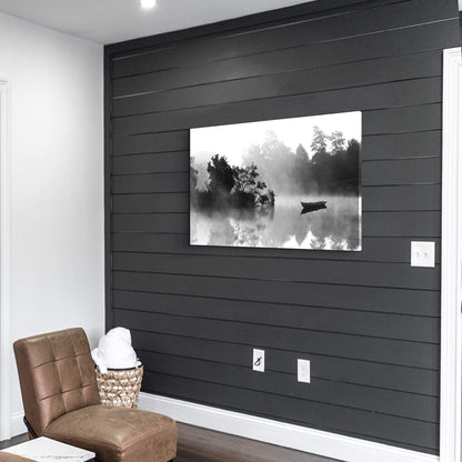 Nature Lake Wall Art Canvas: Foggy Forest Landscape Picture Water Scenery Print Black Boat Artwork Decor Calming Painting for Living Room Bedroom Home Office