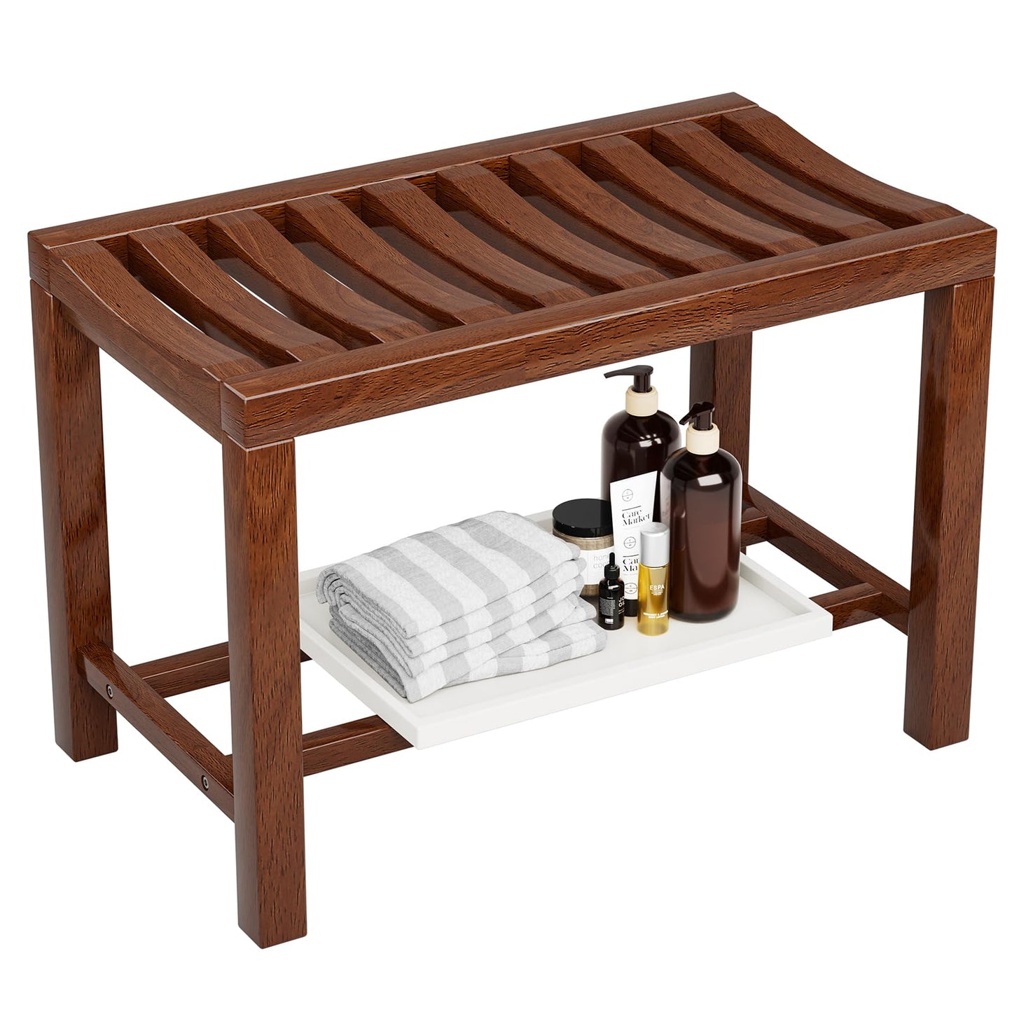 Azlafu Rubber Wood Shower Bench, Non-Slip Waterproof Wooden Shower Stool for Adults & Elderly, Sturdy Bath Seat for Inside Shower or Tub – 24.02" D x 14.96" H x 6.3" W