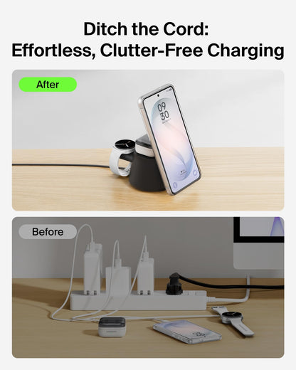 Belkin 3-in-1 Wireless Charging Station for Samsung Galaxy S26, Android - Qi2.2 25W Magnetic Charger for Pixel 10, iPhone 17, USB C Port for Galaxy, Pixel, & Apple Watch (Watch Charger Not Included)