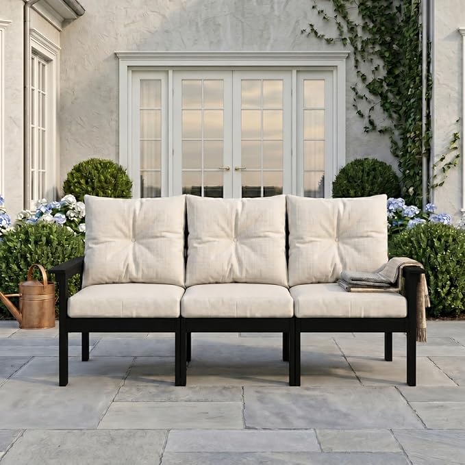 HDPE Outdoor Patio Furniture Set, 6-Piece Patio Conversation Sets with Coffee Table & Side Table & Beige Washable Thick Cushions, Outdoor Sofa for Balcony, Porch (Black Frame)