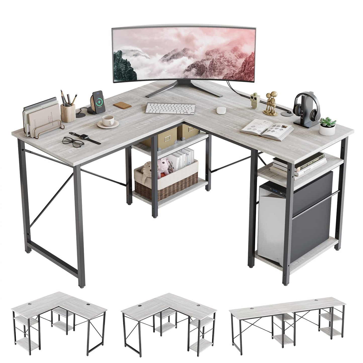 Bestier L Shaped Desk with Shelves 75 Inch Reversible Corner Computer Desk or 2 Person Long Table, Writing Study Desk for Home Office Small Space Bedroom Apartment, Wash White