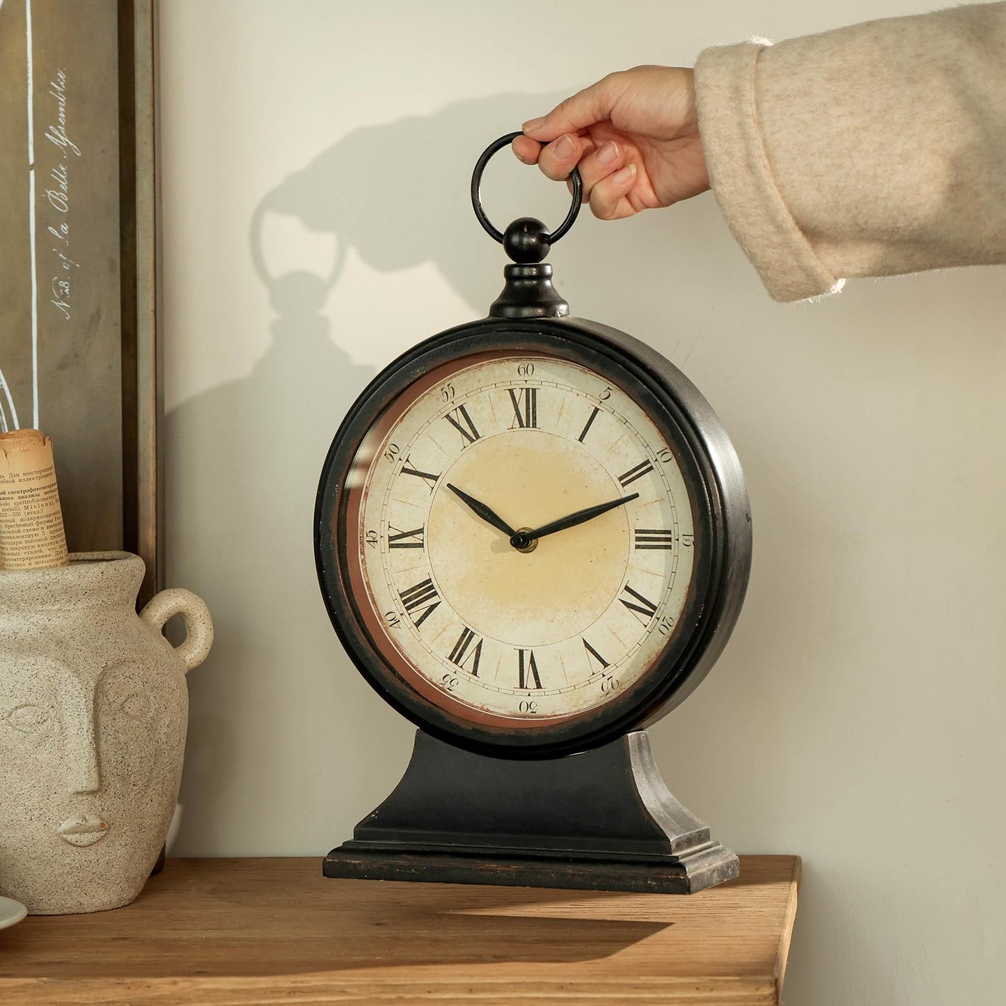 NIKKY HOME Vintage Black Mantel Clock, Silent Classic Large Table Clock