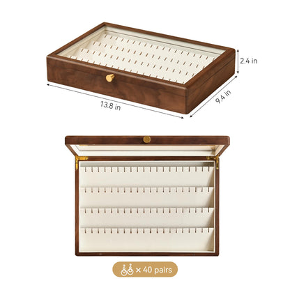 Vwixkuxx Black Walnut Wooden Earring Box, 40 Pairs Earrings Natural Solid Wood Jewelry Organizer Tray with Clear Glass Lid, Desktop Velvet Lined Holder Display Case for Women Girls Gifts for Mom.