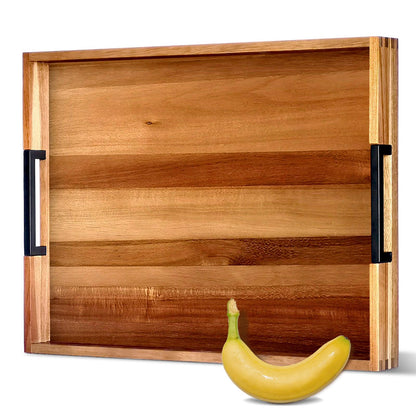 OurMiao 22" x 15.75" Acacia Wood Serving Tray with Metal Handles, Extra Large Wooden Rectangular Ottoman Tray for Living Room, Ottoman Coffee Table, Coffee Station