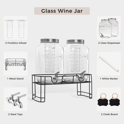 UINEAT 2 Gallon 2 PACK Glass Beverage Drink Dispensers Metal Stand and Lid,100% Leakproof Stainless Steel Spigot, Glass Water Jug Dispenser Lemonade Dispenser