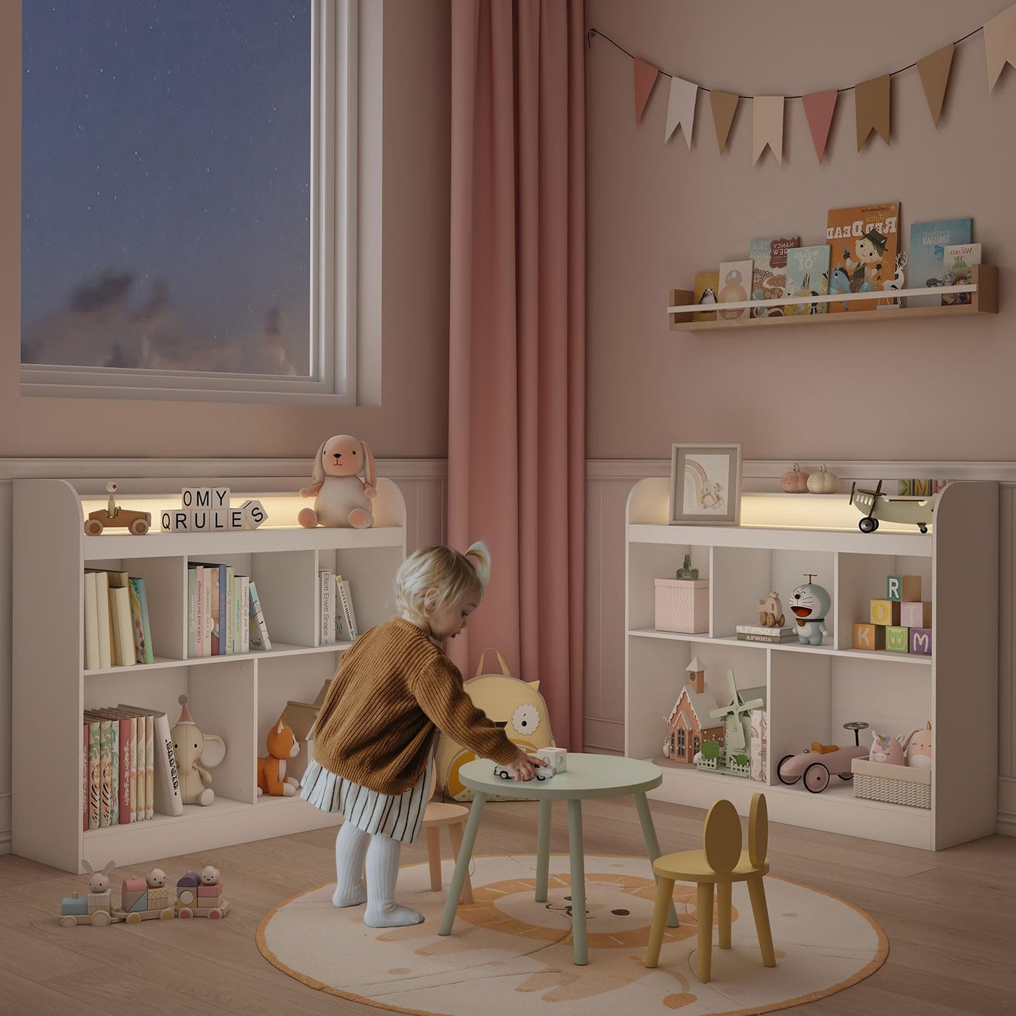 Lkeiyay Open Shelf Kids Bookcase,Montessori Toy Organizer with LED Lights - White Wooden Open Bookcase for Kids, Bedroom, Back to School,Playrooms & Nurseries
