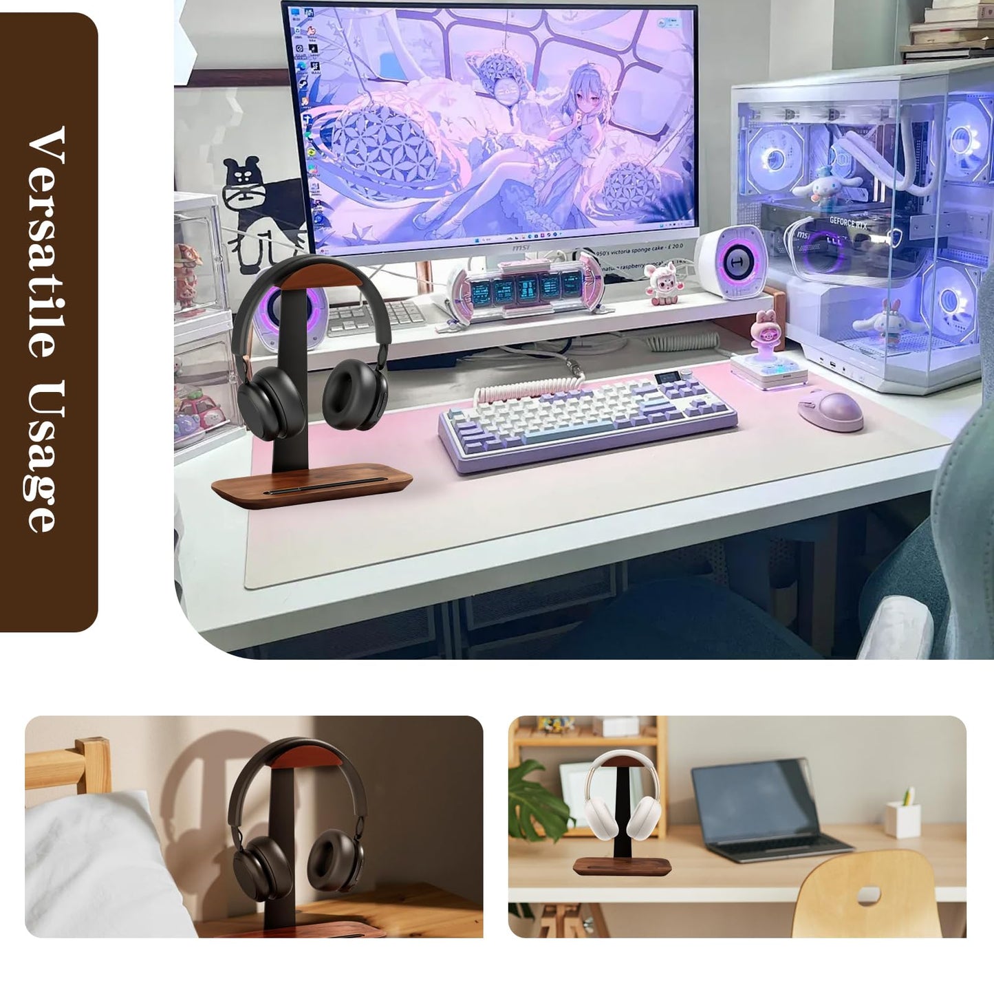 ZHIYUEJING Walnut Wood Headphone Stand,Headphone Rack with Storage Base Plate,Headphones Holder for Study Rooms,Gaming Spaces,Desktop,Office