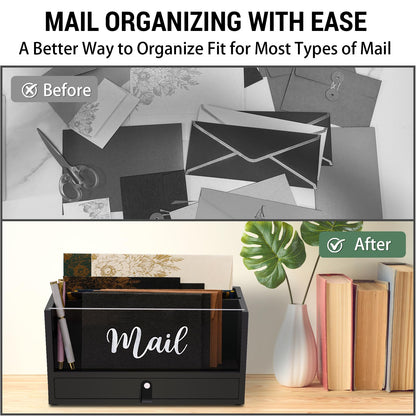 Two-Layer Solid Wooden Mail Storage Organizer Holder with Clear Acrylic Top and Bottom Drawer, Leather Handle, Keeping Mail, Bills, Letters, Cards and Office Supplies in One Place, Home Decor Gifts