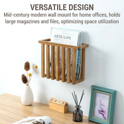 MyGift 11 Inch Premium Acacia Wood Wall Mounted Magazine Rack and File Folder Holder, Mid Century Modern Home Office Hanging Storage for Oversized Magazines