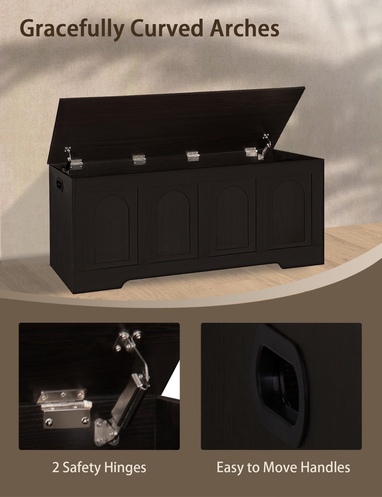 DINZI LVJ Storage Chest, 50” Extra Large Storage Bench with 2 Safety Hinges, Wooden Toy Box with Flip-Top, Large Trunk for Living Room, Playroom, Easy Assembly, Espresso