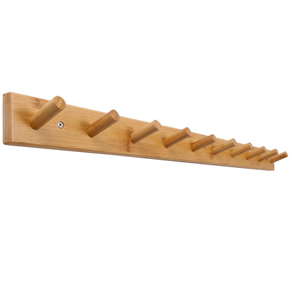 SKOLOO Wood Coat Rack Wall Mounted,10 Peg Long Bamboo Hook for Hanging Backpack Coat Towel Hat,16'' Hole to Hole,Natural