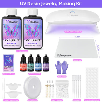 HeyClear UV Resin Kit Jewelry Making Supplies with 18 LED Beads UV Light -200g UV Resina Clear, Hard, Premixed and Fast Curing UV Glue for Coating, Create Decorations, DIY Art Crafts for Adults