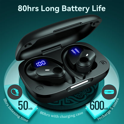 Active Noise Cancelling Earbuds Wireless Bluetooth Headphones 80H Playtime LED Power Display Charging Case Over Ear Hooks Ear Buds with Hi-Res Sound & Clear Calls for Sports Running Gym Workout Black