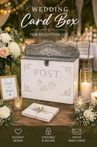 Vintage Style Wedding Card Box – Nostalgic Farmhouse Keepsake Holder for Cards, Wishes & Treasured Moments (White Horizontal)