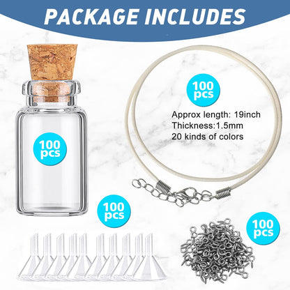 Mimorou 100 Pcs Mini Glass Bottles with Cork Stoppers 2 ml Clear Small Jars 0.07oz Glass Vials Sets DIY Decorative Wish Bottles, Including 100 Eye Screws 100 Ropes 10 Funnels