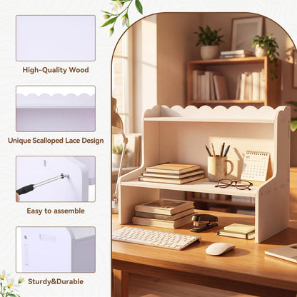 Amyhill Wooden Office Desktop Storage, 2-Tier Scalloped Tabletop Organizer Shelf for Cosmetics, Stationery, Office Supplies, Space-Saving Display Rack for Bedroom, Dorm