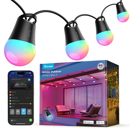 Govee Smart Outdoor String Lights 2, 144ft Outdoor Lights with Dimmable Warm White LED Bulbs, 47 Scene Modes for Patio, Backyard, Balcony, IP65 Waterproof, Works with Alexa, App Control