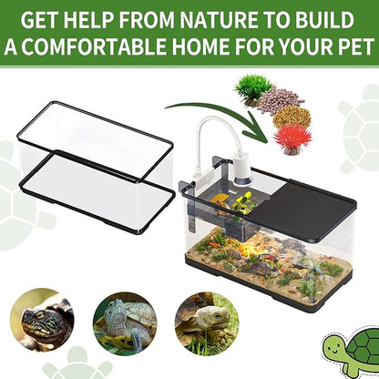 (Tank + Light + Filter + Filter Balls) Turtle Tank Kit, Turtle Tank Starter Kit,Bottom Drainage, Multi-Function Areas for Turtles, Crabs,Fishes, Amphibians,Reptiles. (15.75 x 8.64 x 8.64 Inch)