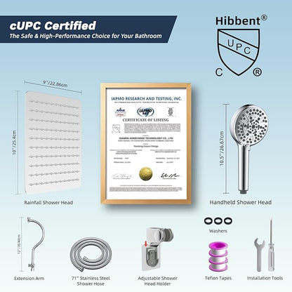 Hibbent All Metal CUPC Certified Shower Head, 10'' High Pressure Rainfall Shower Head, Handheld Showerhead Combo, 12'' Adjustable Extension Arm, 10 Sprays, 71'' Shower Hose, Showerhead Holder, Chrome