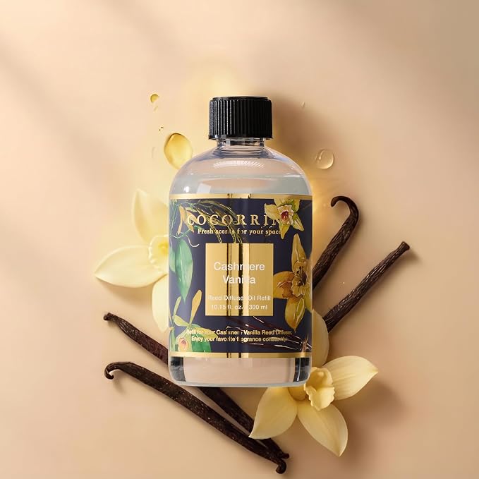 Cocorrína Reed Diffuser Refill Cashmere Vanilla 10.14oz (300ml) with 8 Sticks - Premium Long-Lasting Floral Essential Oil, Home Fragrance for Bedroom, Bathroom Home Decor