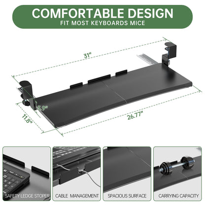 UPGRAVITY Large Keyboard Tray Under Desk - Slide Out with Sturdy C-Clip Mount System, 27 (31.2 Including Clamps) X 11.81 Put-Out Keyboard Tray Computer Drawer for Ergonomic Typing, Black
