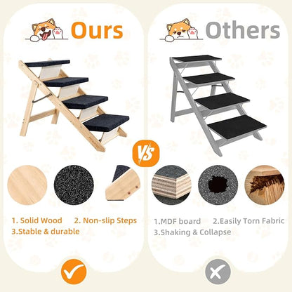 MEWANG Wood Pet Stairs & Ramp for Small/Medium Dogs & Cats, Aging Pets – 2-in-1 Foldable, Portable, Non-Slip Pet Ladder for Tall Beds, Couches, Cars – Holds Up to 220 lbs (31.5" L x 17.2" W x 25.0" H)