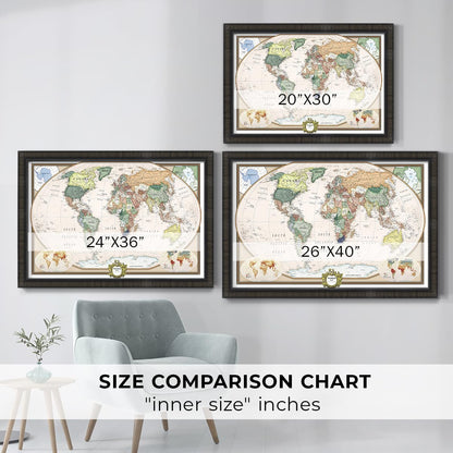 Renditions Gallery Colorful World Map Canvas Wall Art with Charcoal Black Frame Wall Hanging Travel Map with Push Pins for Home, Office, Classroom