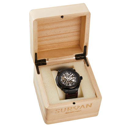 SURVAN WatchDesigner Men's Luxury Automatic Mechanical Skeleton Watch, 47 mm Case, Brown Leather Strap, Water Resistant, No Battery Needed