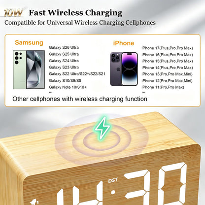 URAYCO Wood Digital Alarm Clock with 10W Fast Wireless Charger, USB Charging Ports, DST, Dimmable, Snooze, Large Number LED Display for Bedrooms, Desk, Living Room Table, Bedside, Nightstand (Bamboo)