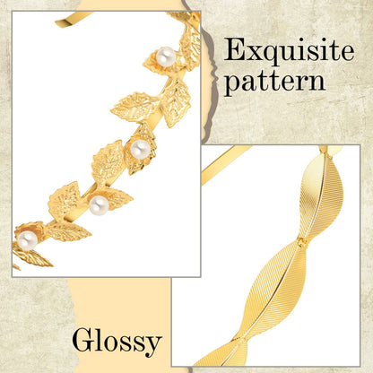 Kacctyen 6 Pcs Gold Leaf Wedding Headbands Set Flower Faux Pearls Headband Golden Bridal Tiara Greek Queen Crown Headpiece Metal Laurel Leaf Hairband for Women Costume Hair Accessories