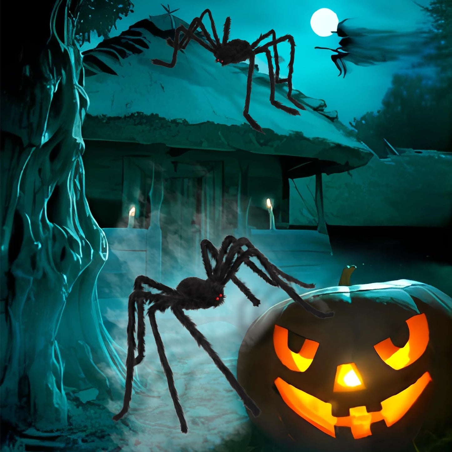 Libay Halloween Giant Spider Decorations - 2PCS Realistic Large Scary Props for Indoor Outdoor and Yard Garden Lawn Party (6.6FT) Black