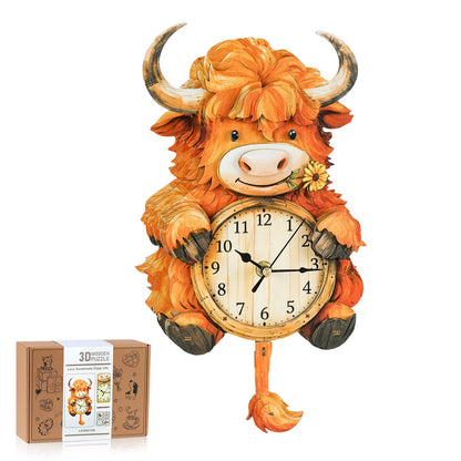 Rnfinewow 3D Puzzles for Adults, Highland Cow Clock Kit with Pendulum, 3D Wooden Puzzles Model Kit Home Decor DIY Wall Clock Highland Cow Puzzle Birthday Gifts for Women Men