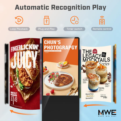 MWE 55 Inch 4K Digital Signage Display Kiosk, LCD Screen Indoor Floor Standing Advertising Displays, Android System Commercial Totem with Custom Service, Vertical Poster with Auto Media Player
